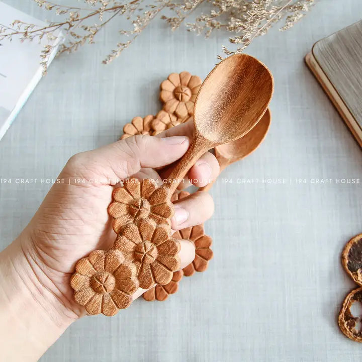 Hand Carved Three Flowers-Shape Handle Wooden Spoon