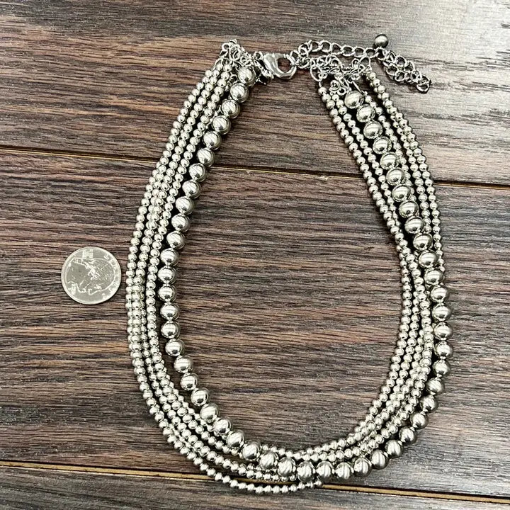Handmade Silver Navajo Bead Shiney Multi layered Necklace