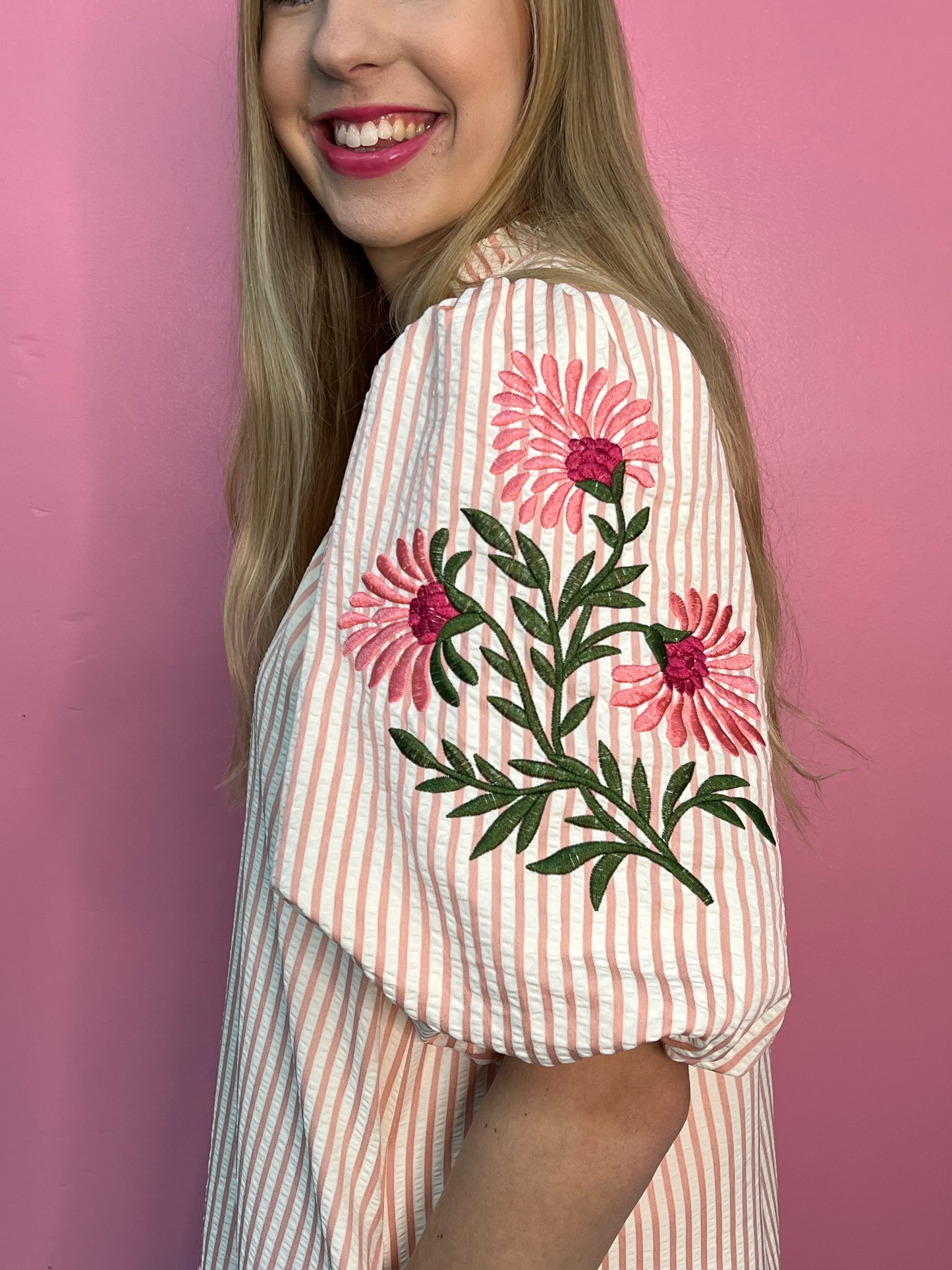 1/2 Sleeve Embroidered Striped Mini Dress