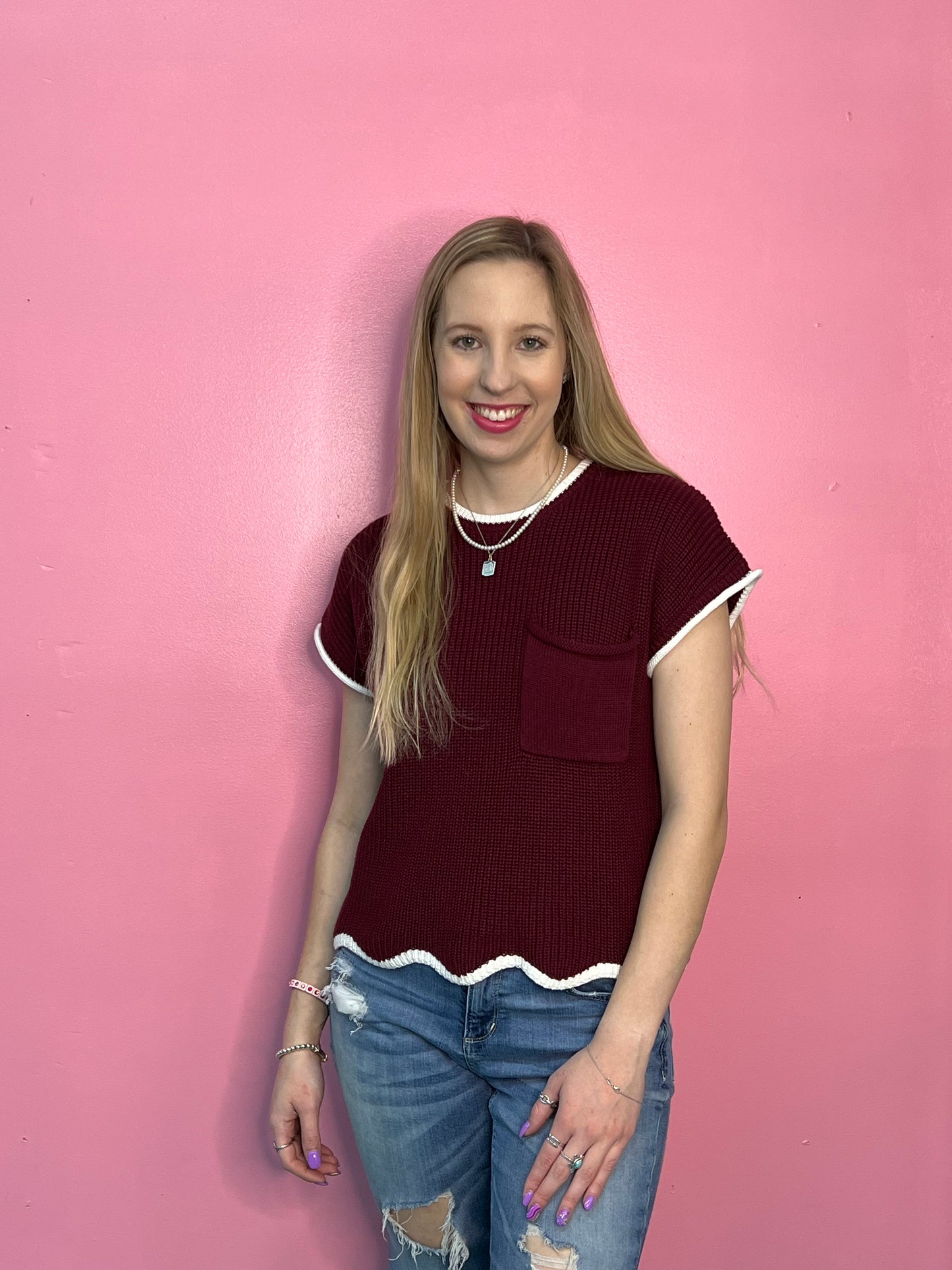 Maroon Game Day Drop Shoulder Scallop Hem Sweater Top