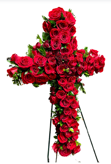 Cross covered in roses standing spray