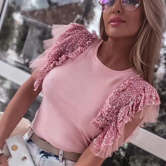 Pink Sequined Ruffle Mesh Sleeves Top