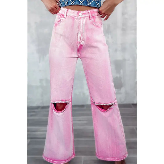 Pink High Waist Rhinestone Cutout Jeans