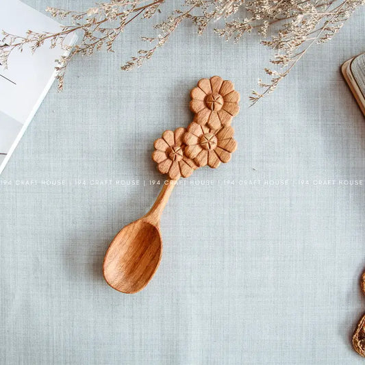 Hand Carved Three Flowers-Shape Handle Wooden Spoon