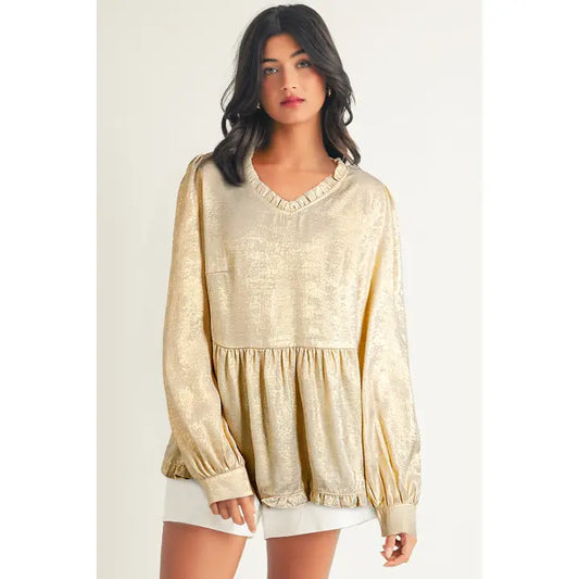 Metallic Frilled V Neck Puff Sleeve Babydoll Blouse