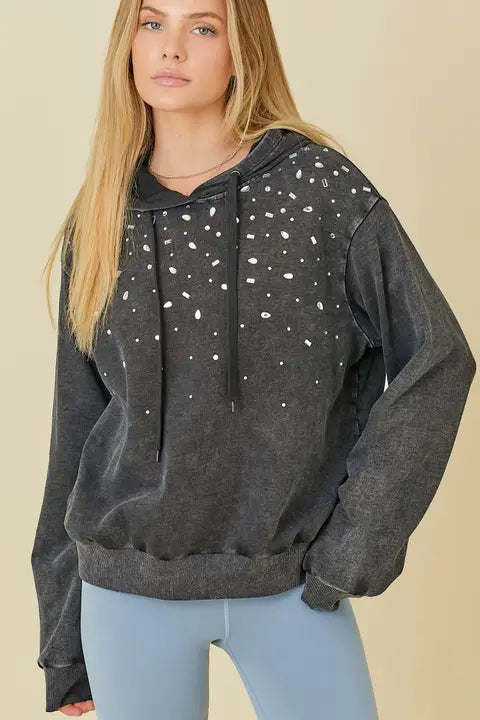 Washed Hoodie With All Over Rhinestone