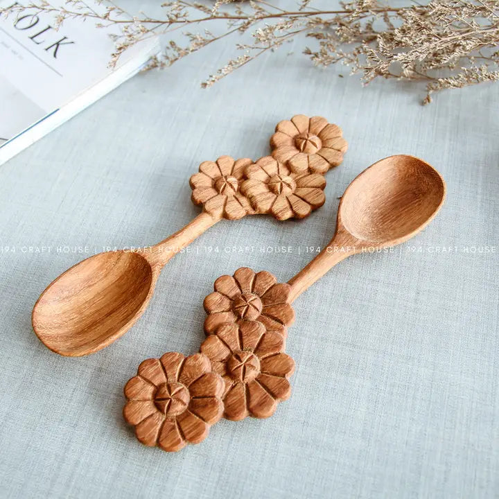 Hand Carved Three Flowers-Shape Handle Wooden Spoon