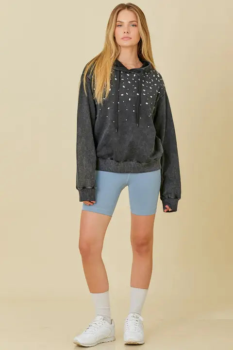 Washed Hoodie With All Over Rhinestone