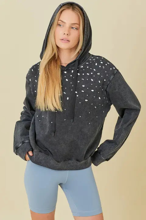 Washed Hoodie With All Over Rhinestone