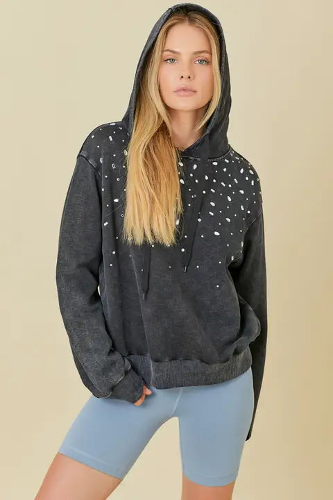 Washed Hoodie With All Over Rhinestone