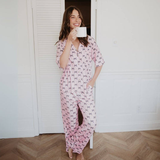 Black & Pink Mini Coquette Bows Valentine's Pajama Pants Set