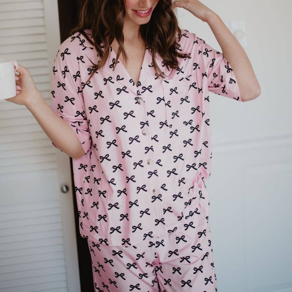 Black & Pink Mini Coquette Bows Valentine's Pajama Pants Set