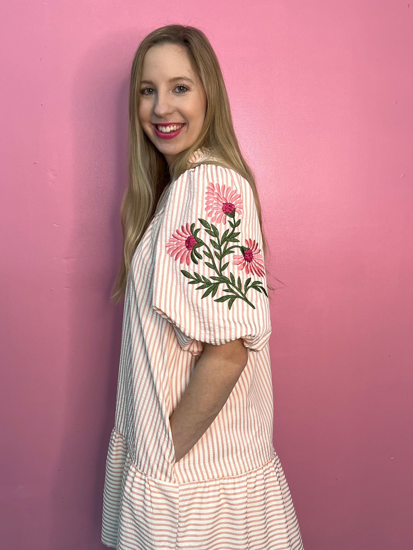 1/2 Sleeve Embroidered Striped Mini Dress