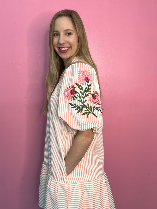 1/2 Sleeve Embroidered Striped Mini Dress