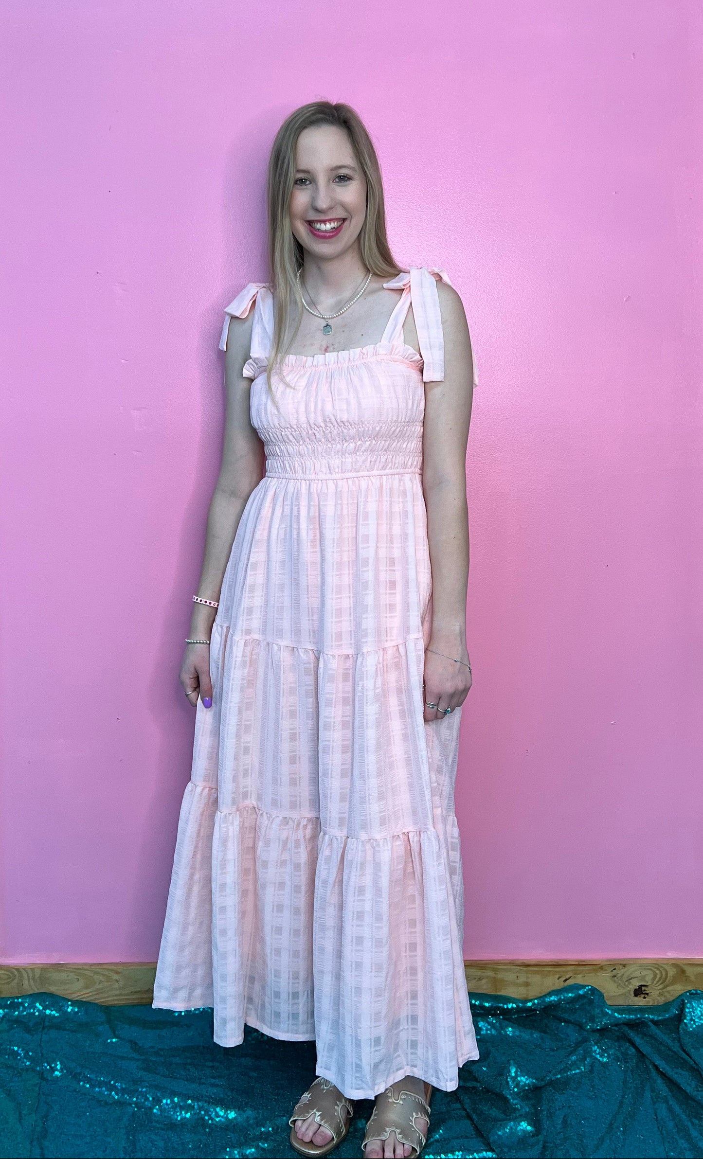 Sleeveless Tie Strap Textured Woven Midi Dress