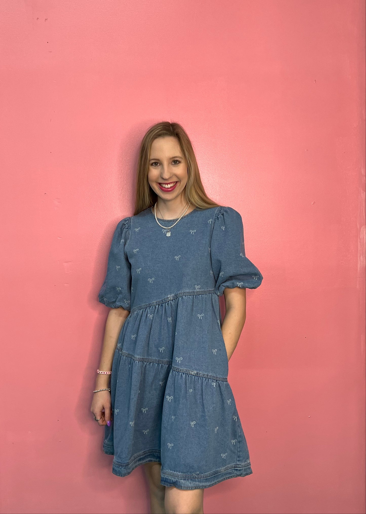 Half Baloon Sleeve Bow Print Washed Denim Dress