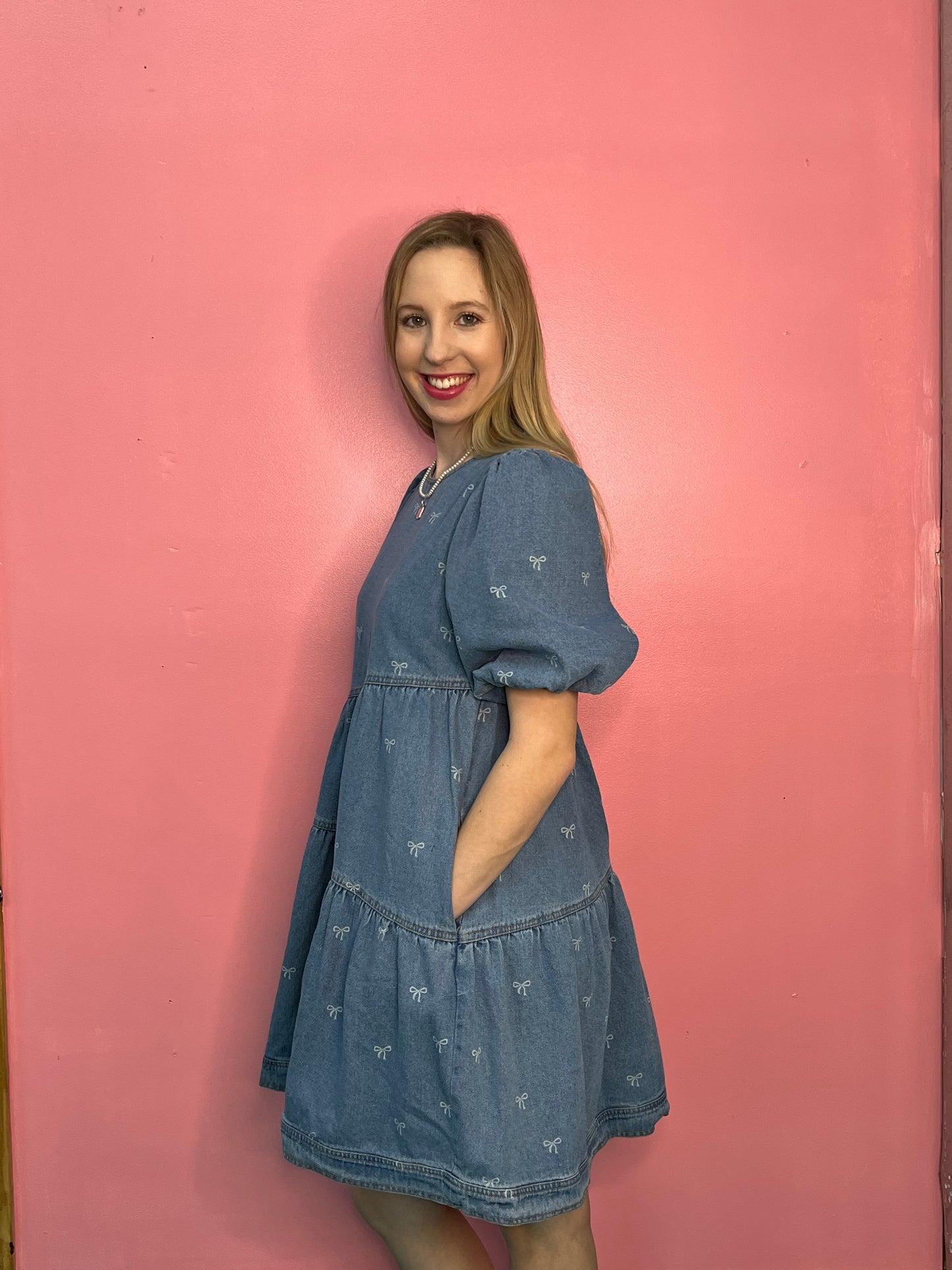 Half Baloon Sleeve Bow Print Washed Denim Dress