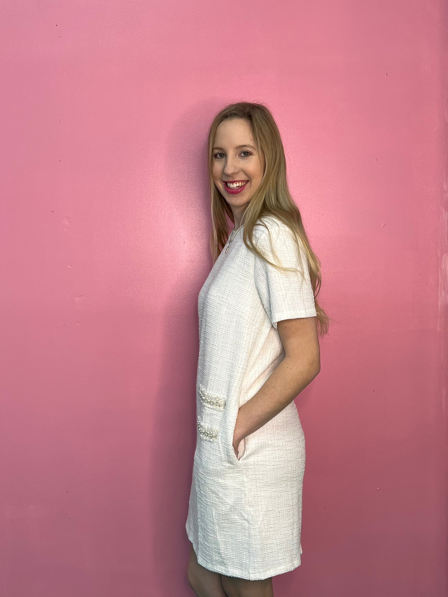 Short Sleeve Pearl Studded Trim Knit Tweed Dress