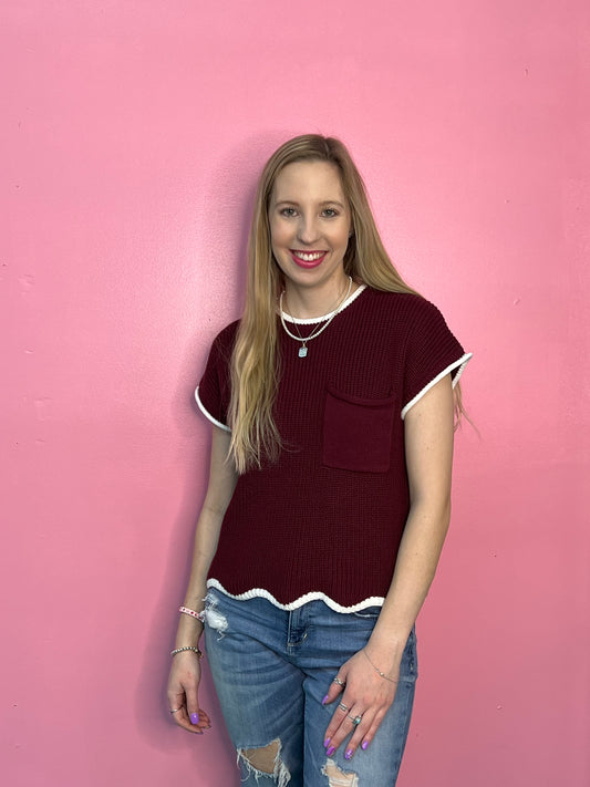 Maroon Game Day Drop Shoulder Scallop Hem Sweater Top