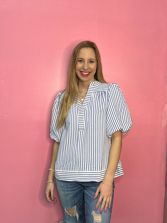 Bubble Sleeve Striped Woven Top