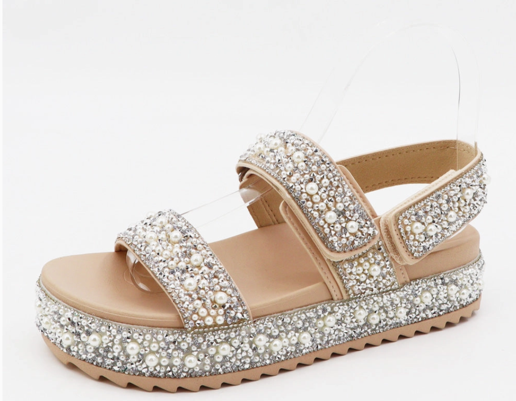 Bamboo Women Shimmering Pearl Studded Velcro Strap Sandals