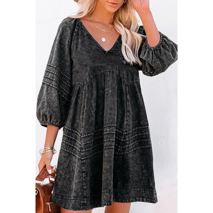 Black Pleated V Neck Puff Sleeve Denim Babydoll Dress