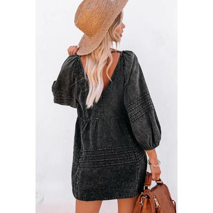 Black Pleated V Neck Puff Sleeve Denim Babydoll Dress